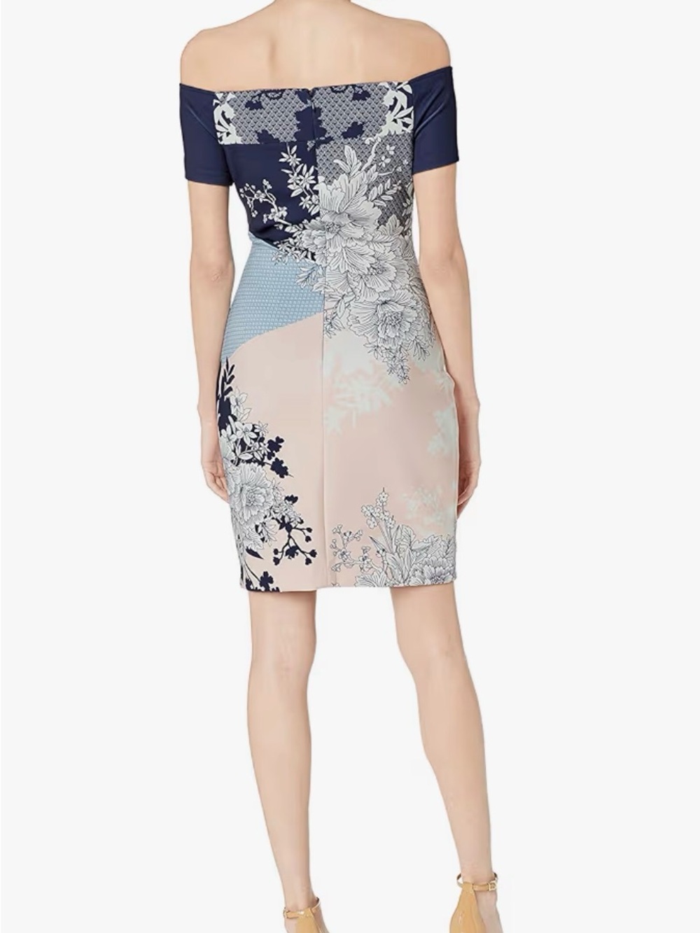 Guess Off-the-Shoulder Floral Panel Mini Dress in Navy and Cream - Picture 14 of 15